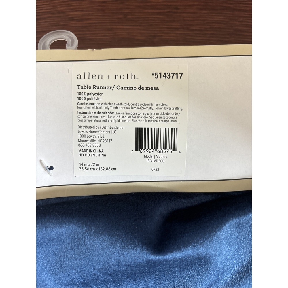 Allen + Roth Blue Velour Feel 14"x72" Table Runner New Model # R-VLVT-300 - Picture 4 of 6